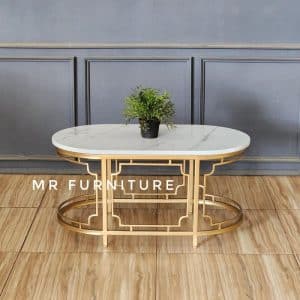 Coffee Table Oval Klasik Top Marmer Artificial Kaki Besi Gold 90 x 50 x 45 Cm, Meja Tamu Oval Klasik Marmer Simple Elegan