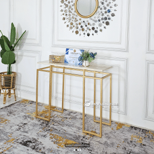 Konsul Meja Tamu Minimalis 100x35x80 Cm Besi Gold, Meja Konsul Modern Top Marmer Krem