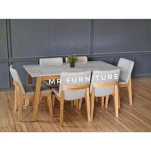 Set Meja Makan Top Marmer Carrara Kayu Jati Natural, Dining Set Top Marmer Carrara Model Japandi