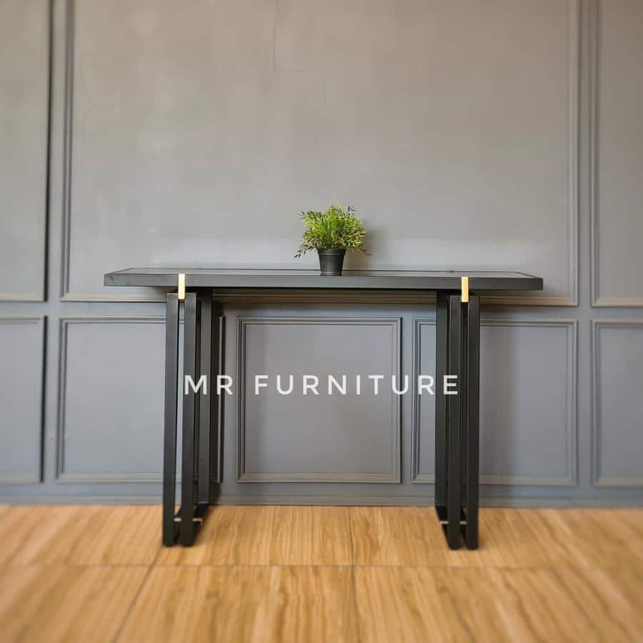 Console Table Besi Black Top Marmer Hitam Nero 140 x 40 x 85 Cm, Meja Konsol Marmer Minimalis Full Black