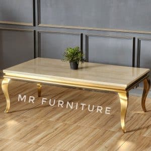 130x70x45 Cm Meja Ruang Tamu Klasik Stainless Gold, Meja Tamu Klasik Top Marmer Krem Modern
