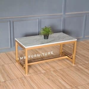 100x50x50 Cm Meja Kotak Ruang Tamu Besi Gold, Coffe Table Kotak Klasik Minimalis Top Marmer Putih