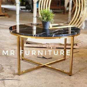 Marble Coffe Table Rangka Stainless Industrial, D 80 cm T 46 cm Meja Ruang Tamu Bulat Top Marmer Hitam