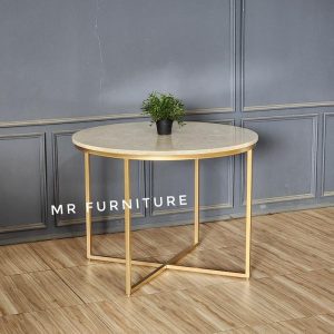 Coffee Table Bulat X Top Marmer Cream Kaki Besi Gold D. 100 T. 77 Cm, Meja Tamu Bulat Marmer Simple Minimalis