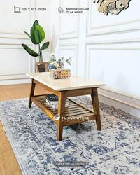 Meja Ruang Tamu Kayu Jati Top Marmer Krem, 100x50x45 Cm Meja Tamu Minimalis Kotak
