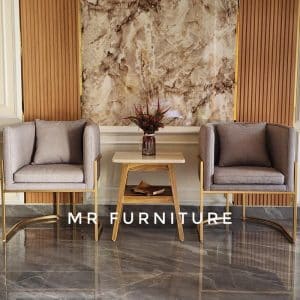Set Living Room Sofa Single Dan Meja Samping Top Marmer Cream Kombinasi Kayu Jati Natural, Set Sofa Single Meja Marmer