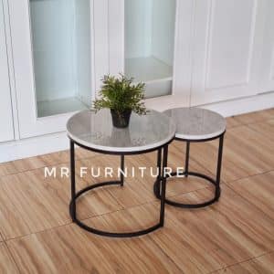 Meja Tamu Nesting Bulat Hitam Top Marmer Model Putih Carrara