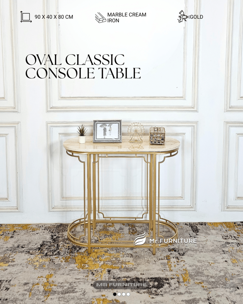 Console Table Oval Classic Top Marmer Cream 90 x 40 x 80 Cm, Meja Konsol Marmer Classic