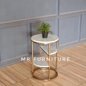 Side Table Marmer Carrara Stainless Gold D. 40 T. 60 Cm, Meja Sudut Marmer Atas Bawah Minimalis Elegan