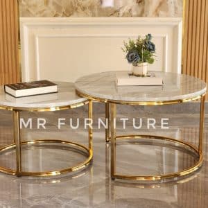 Meja Tamu Nesting Bulat Stainless Gold Top Marmer Putih Carrara
