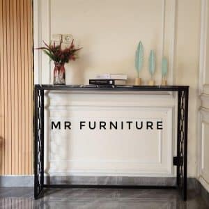 Console Table Ornamen Besi Hitam Top Marmer Nero Marquina 120 x 30 x 90 Cm, Meja Konsol Marmer Minimalis Elegan