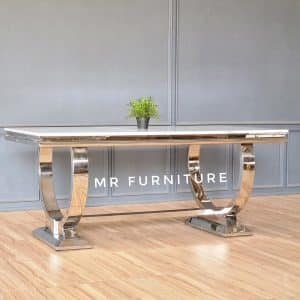 Meja Makan Top Marmer Carrara Stainless Steel Silver 180 x 90 x 75 Cm, Dining Table Marmer Model Cincin Mewah Elegan