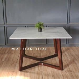 Meja Makan Top Marmer Carrara Teak Wood 120 x 120 x 75 Cm, Dining Table Marmer Minimalis Kombinasi Kayu Jati