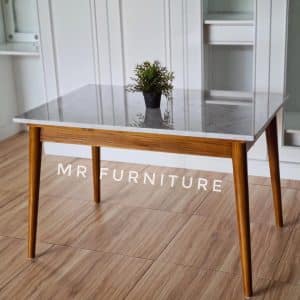 Meja Makan Top Marmer Carrara Teak Wood 120x80x75 Cm, Dining Table Marmer Minimalis Kombinasi Kayu Jati