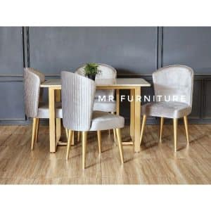 Kursi Makan Backshell Set Meja Makan Marmer Krem, Dining Table Set 120x80x75 Cm 4 Kursi Minimalis