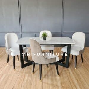 Set Meja Makan Y Top Marmer Carrara Kaki Besi Hollow, Set Kursi Makan Two Tone Modern Minimalis