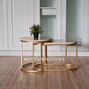 Meja Tamu Nesting Bulat Oval Top Marmer Krem