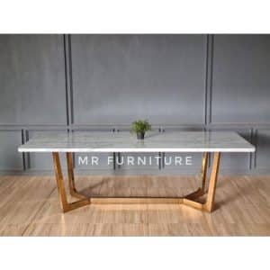 Meja Makan Top Marmer Carrara Stainless Steel Gold 240x100x75 Cm, Dining Table Marmer Modern