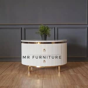Meja Ruang Tamu Bulat Salur Duco White Minimalis, D 70 cm T 47 cm Coffe Table Kayu Top Marmer Putih Karrara Modern