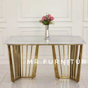 meja makan top marmer putih carrara kaki stainless gold