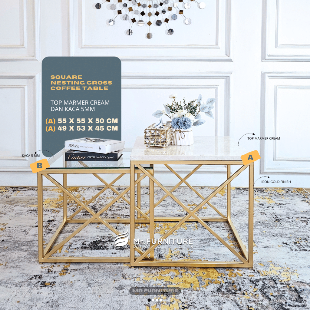 Meja Tamu Nesting Kotak Besi Gold Minimalis, 55 x 55 x 50 Cm Coffe Table Elegan Top Marmer Krem