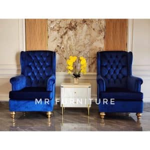 wing chair sofa biru dengan meja laci