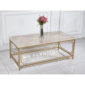 Coffe Table Klasik Kotak Besi Gold Minimalis, Meja Tamu Marmer Krem 120x60x45 Cm Aesthetic