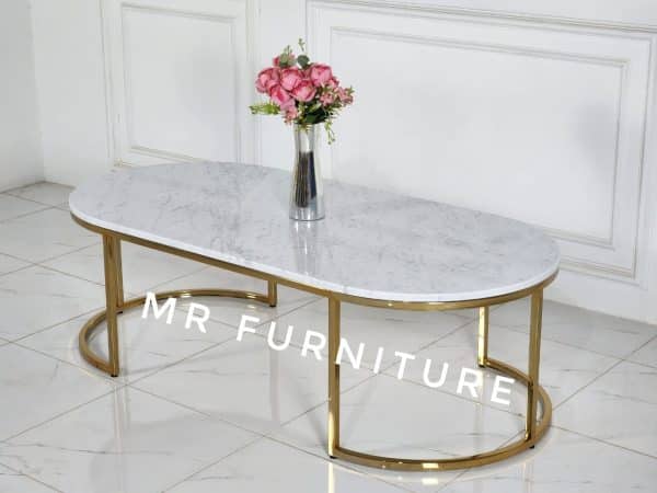 meja tamu marmer oval putih carrara gold stainles 150 cm