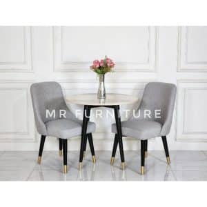 Meja Kursi Makan 2 Kursi Top Marmer Putih Karrara Minimalis, D 80 T 75 Cm Set Ruang Makan Kayu Solid Bundar
