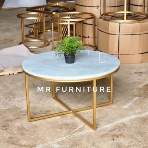 Coffe Table Ruang Tamu Minimalis Top Marmer Putih Karrara, D 80 Cm Meja Tamu Silang Besi Gold Elegan