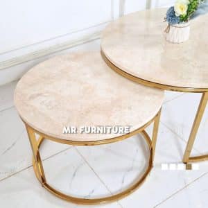 Meja Nesting Minimalis Elegan Stainless Gold, D 80 60 Cm T 45 40 Cm Meja Tamu Kecil Top Marmer Krem