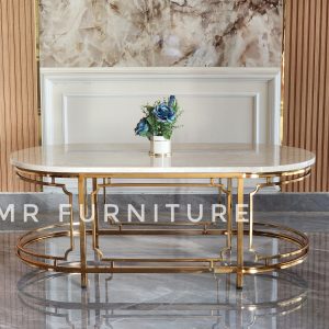 Coffe Table Meja Klasik Stainless Gold Elegan, 120x60x45 Cm Meja Ruang Tamu Top Marmer Krem Minimalis