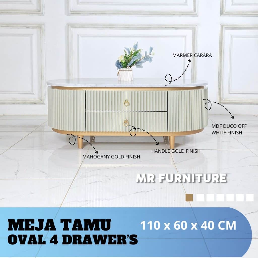 Meja Tamu Salur Lis Gold 110x60x40 Cm Top Marmer Putih Karrara, Meja Ruang Tamu Marmer Elegan Modern