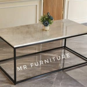 130x65x45 Cm Furniture Ruang Tamu Lengkap Marmer Putih, Meja Tamu Minimalis Kotak Kerangka Besi Hitam