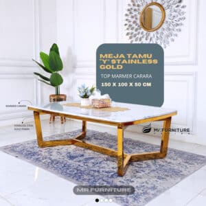 meja tamu y kaki stainless gold top marmer putih carrara