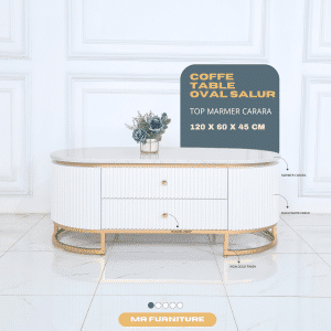 Coffee Table Oval Salur Top Marmer Carrara Duco White 120 x 60 x 45 Cm, Meja Tamu Oval Minimalis 2 Laci