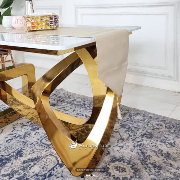 meja makan chain stainless gold top marmer putih carrara