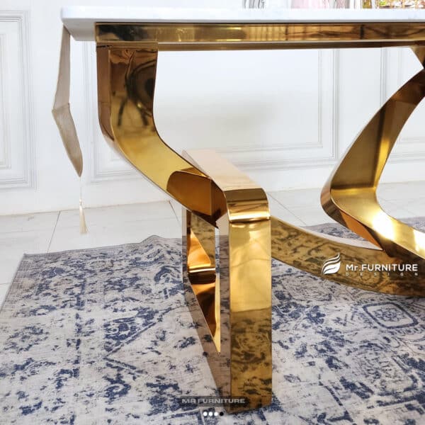 meja makan chain stainless gold top marmer putih carrara