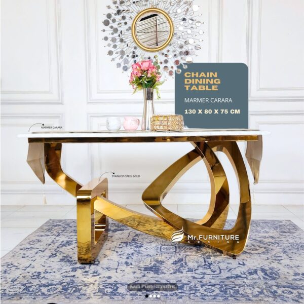 meja makan chain stainless gold top marmer putih carrara