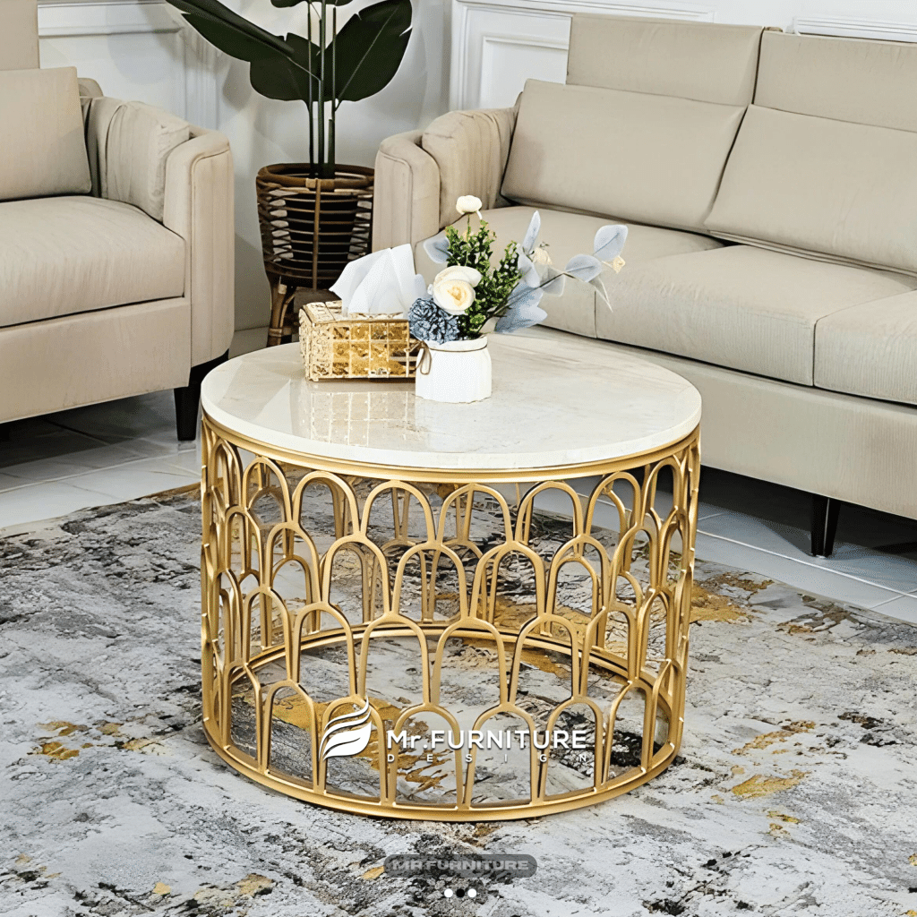Coffee Table Naco Top Marmer Cream Besi Gold D. 70 T. 45 Cm, Meja Tamu Bulat Marmer Minimalis Elegan