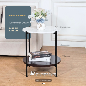 side table minimalis top marmer putih carrara ambalan bawah kayu solid