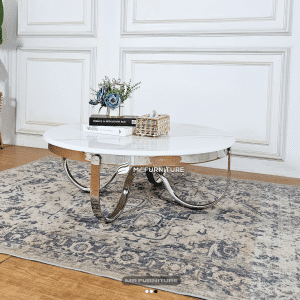 Coffe Table Artificial Marmer Stainless, Meja Ruang Tamu Bulat Untuk Ruang Tamu Kecil Maupun Besar, Meja Tamu Unik Kokoh Dari Jepara