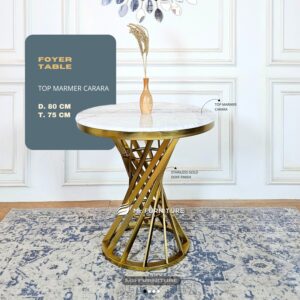 meja foyer stainless gold top marmer carrara d 80 cm