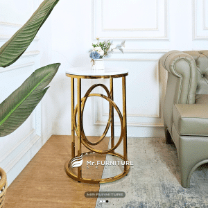 Meja Sudut Marmer Putih Carrara D 50 Cm, Sudut Meja Ruang Tamu Cincin Stainless Gold Bulat Minimalis