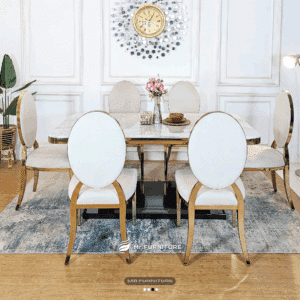 Set Ruang Makan Marmer Stainless 6 Kursi, Set Meja Makan Marmer Stainless Putih Carrara, Set Kursi Makan Marmer Stainless Modern, Meja Makan Marmer Mewah