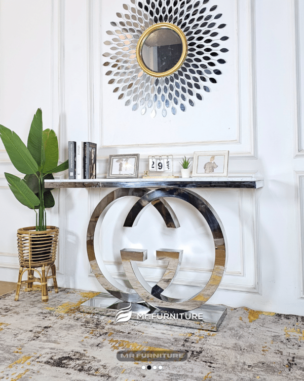 meja konsul gucci stainles silver top marmer 140cm