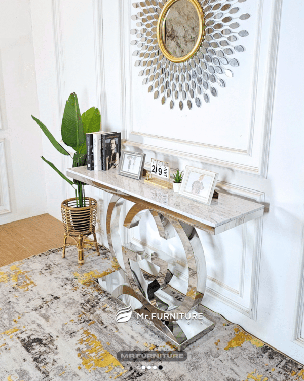 meja konsul gucci stainles silver top marmer 140cm