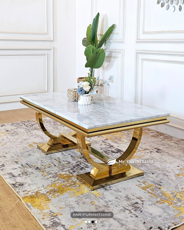 meja tamu persegi panjang model cincin stainless gold top marmer putih carrara