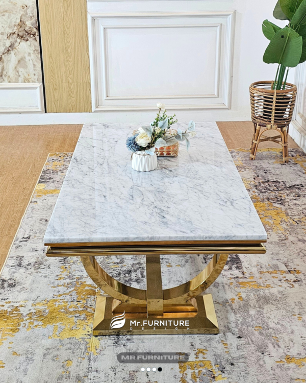 meja tamu persegi panjang model cincin stainless gold top marmer putih carrara