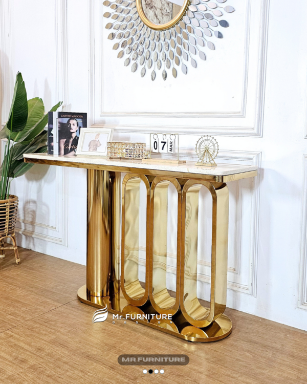 meja konsul model 1000 stainless gold top marmer krem